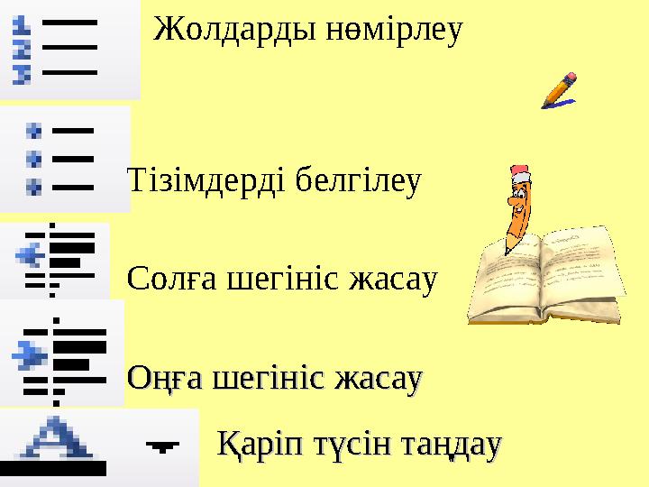 Жолдарды нөмірлеу Тізімдерді белгілеу Солға шегініс жасау Оңға шегініс жасауОңға шегініс жасау