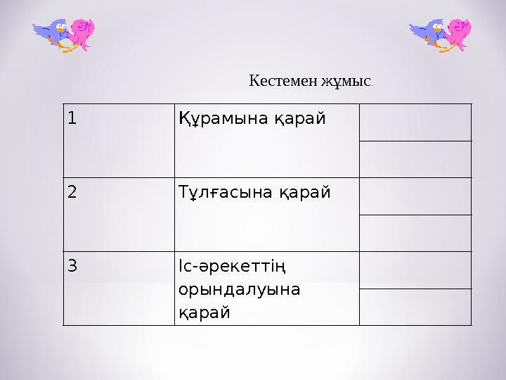 1 Құрамына қарай 2 Тұлғасына қарай 3 Іс-әрекеттің орындалуына қарай Кестемен жұмыс .