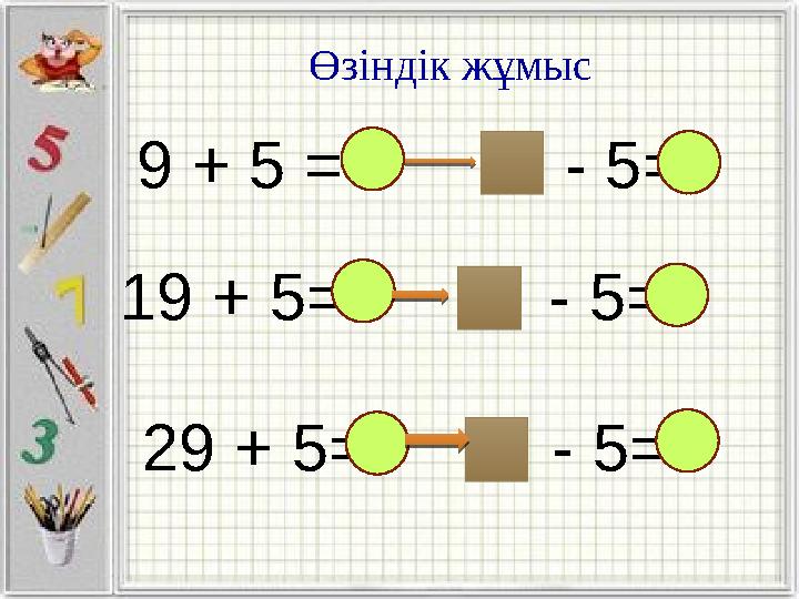 9 + 5 = - 5= 19 + 5= - 5= 29 + 5= - 5= Өзіндік жұмыс