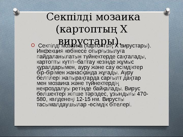 Секпілді мозаика (картоптың X вирустары). O Секпілді мозаика (картоптың X вирустары). Инфекция көбінесе отырғызылуға