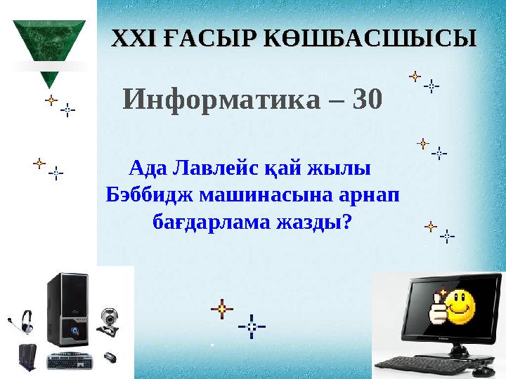 XXI XXI ҒАСЫР КӨШБАСШЫСЫҒАСЫР КӨШБАСШЫСЫ Информатика – 30 Ада Лавлейс қай жылы Бэббидж машинасына арнап бағдарлама жазды?