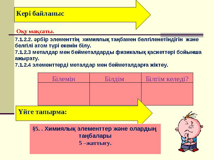 Білемін Білдім Білгім келеді?Кері байланыс Оқу мақсаты. Үйге тапырма: §5. . Химиялық элементтер және олардың таңбалары 5 –ж