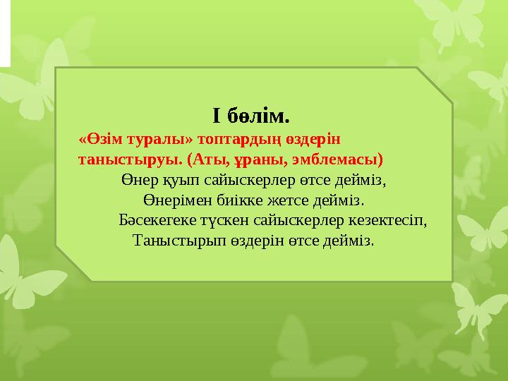 І бөлім . « Өзім туралы» топтардың өздерін таныстыруы. (Аты, ұраны, эмблемасы ) Өнер қуып сайыскерлер өтсе дейміз , Өнерімен