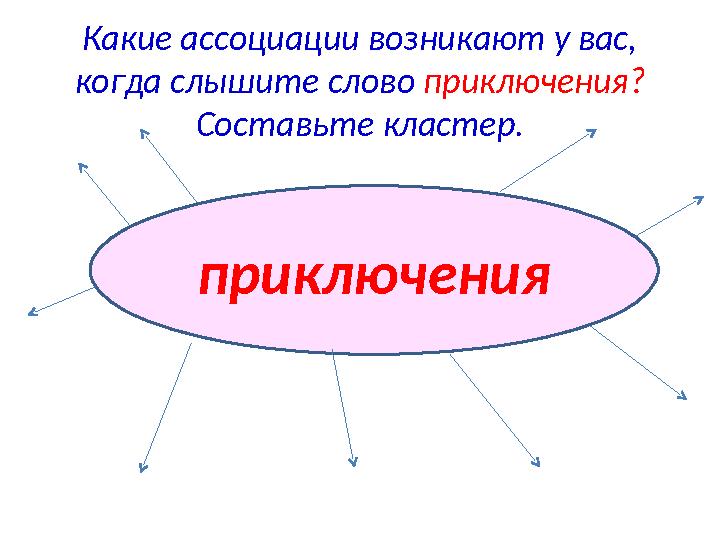Какие ассоциации возникают у вас, когда слышите слово приключения? Составьте кластер. приключения