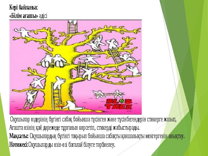 Кері байланыс «Білім ағашы» әдісі Оқушылар өздерінің бүгінгі сабақ бойынша түсінген және түсінбегендерін стикерге