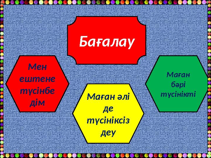 Бағалау Маған бәрі түсінікті Маған әлі де түсініксіз деуМен ештене түсінбе дім