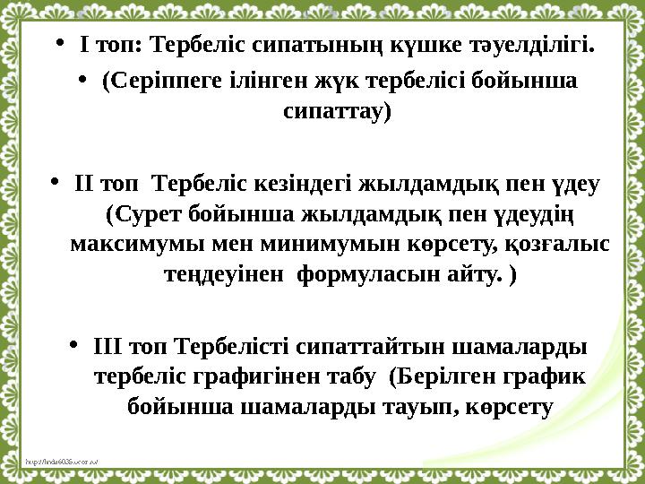 http://linda6035.ucoz.ru/ • І топ: Тербеліс сипатының күшке тәуелділігі. • (Серіппеге ілінген жүк тербелісі бойынша сипаттау)
