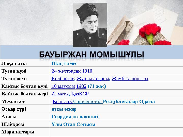 Лақап аты Шаң тимес Туған күні 24 желтоқсан 1910 Туған жері Көлбастау , Жуалы ауданы , Жамбыл облысы Қайтыс болған күні 10