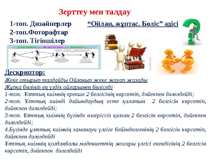 Зерттеу мен талдау 1-топ. Дизайнерлер 2-топ.Фоторафтар 3-топ. Тігіншілер Дескриптор: Жеке отырып талдайды Ойланып жеке жауап