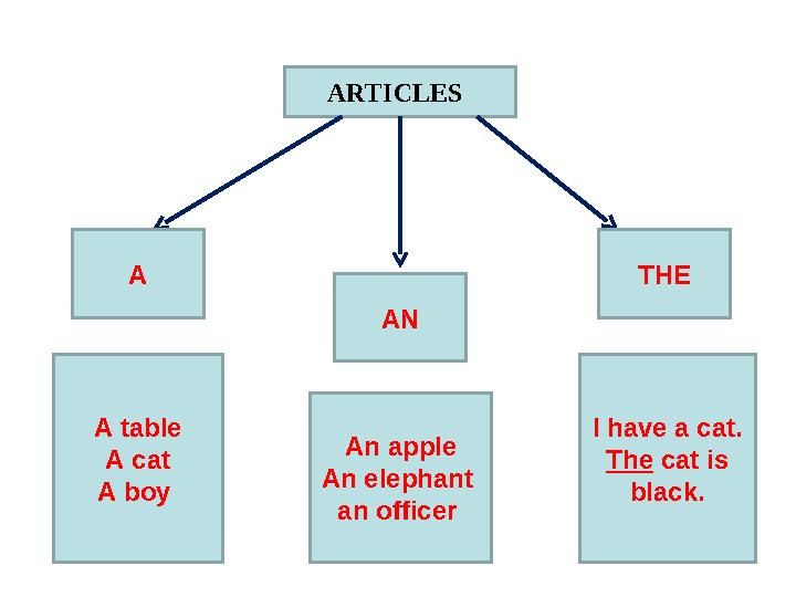 ARTICLES A AN THE A table A cat A boy I have a cat. The cat is black.An apple An elephant an officer