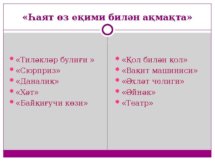 «Һаят өз еқими билән ақмақта»  «Тиләкләр булиғи »  «Сюрприз»  «Даналиқ»  «Хәт»  «Байқиғучи көзи»  «Қол билән қол»  «Вақит