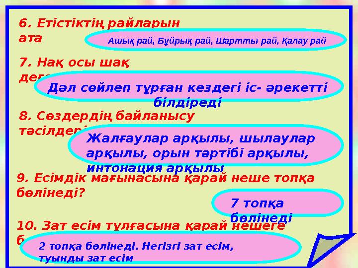 6. Етістіктің райларын ата 6. Етістіктің райларын ата 7. Нақ осы шақ дегеніміз не ? Ашық рай, Бұйрық рай, Шартты рай, Қалау ра