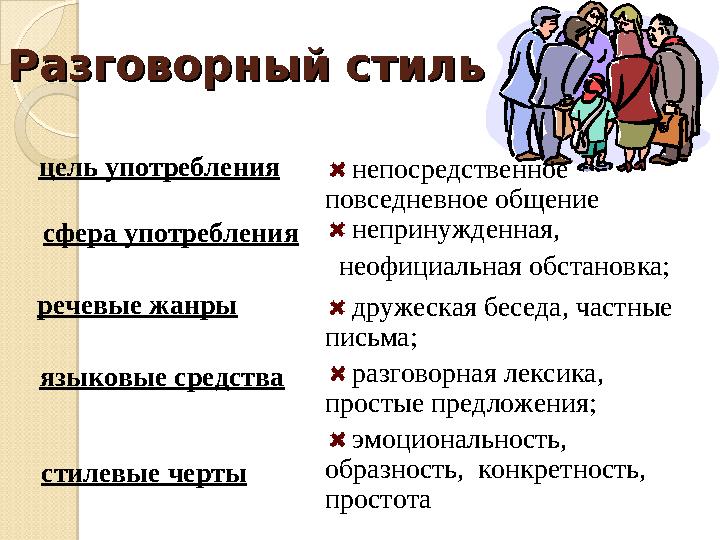 Разговорный стильРазговорный стиль цель употребления сфера употребления речевые жанры языковые средства стилевые черты неп