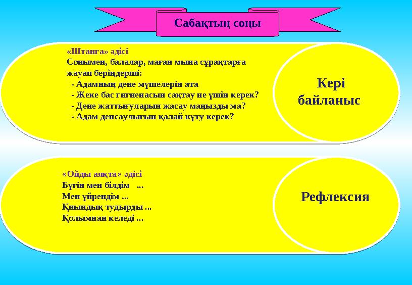 Сабақтың соңы «Штанга» әдісі Сонымен, балалар, маған мына сұрақтарға жауап беріңдерші: - Адамның дене