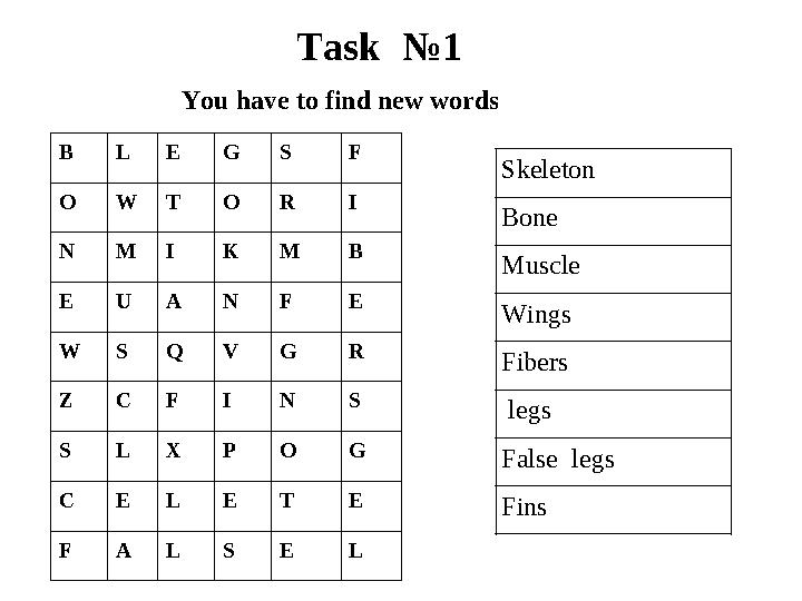 Task №1 B L E G S F O W T O R I N M I K M B E U A N F E W S Q V G R Z C F I N S S L X P