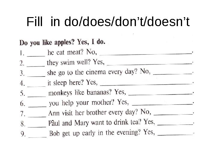 Fill in do/does/don’t/doesn’t