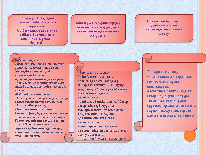 Бағалау – Сіз оқушылардың материалды игеру деңгейін қалай тексеруді жоспарлап отырасыз?Саралау – Сіз қандай тәсілмен көбір