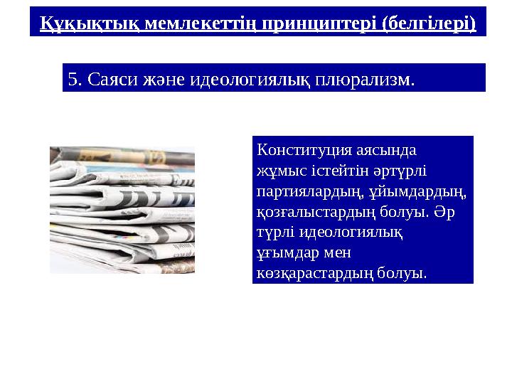 5. Саяси және идеологиялық плюрализм. Конституция аясында жұмыс істейтін әртүрлі партиялардың, ұйымдардың, қозғалыстардың бол