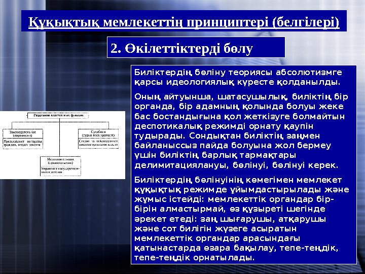 2. Өкілеттіктерді бөлу Биліктердің бөліну теориясы абсолютизмге қарсы идеологиялық күресте қолданылды. Оның айтуынша, шатасушыл