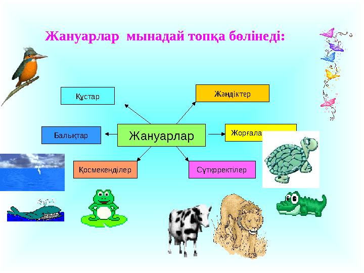 Жануарлар мынадай топқа бөлінеді: ЖануарларҚұстар Қосмекенділер Сүтқоректілер ЖорғалаушыларЖәндіктер Балықтар