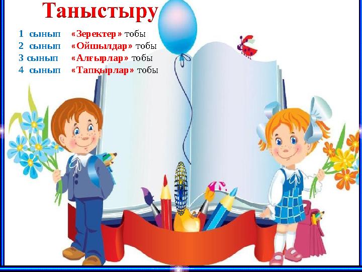 1 сынып « Зеректер » тобы 2 сынып « Ойшылдар » тобы 3 сынып « Алғырлар » тобы 4 сынып « Тапқырлар »