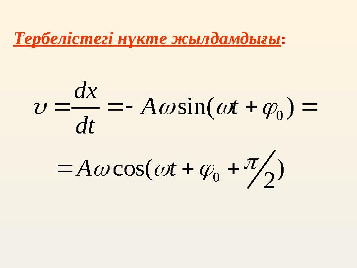 Тербелістегі нүкте жылдамдығы :     ) sin( 0     t A dt dx ) 2 cos( 0        t A