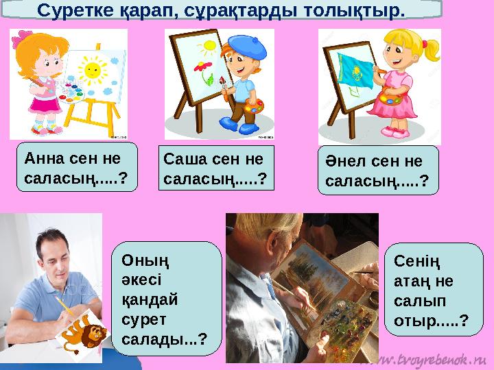 Суретке қарап, сұрақтарды толықтыр. Саша сен не саласың.....?Анна сен не саласың.....? Оның әкесі қа