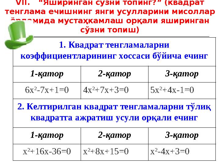 VII. “Яширинган сўзни топинг?” (квадрат тенглама ечишнинг янги усулларини мисоллар ёрдамида мустаҳкамлаш орқали яширинган с