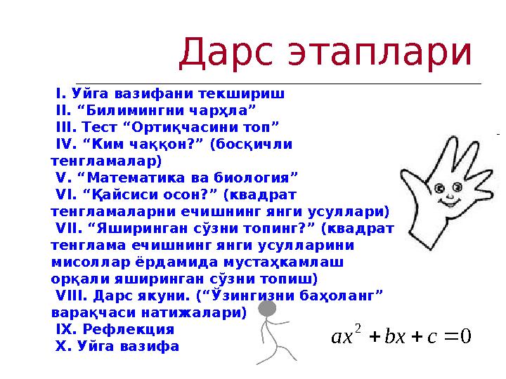 Дарс этаплари0 2    c bx ax I. Уйга вазифани текшириш II. “Билимингни чарҳла” III. Тест “Ортиқчасини топ” I V . “Ким чаққон