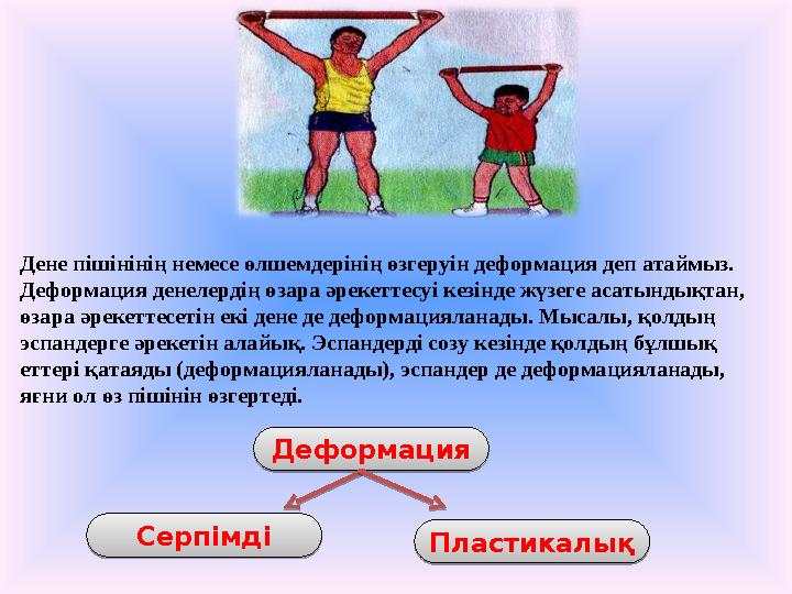 Дене пішінінің немесе өлшемдерінің өзгеруін деформация деп атаймыз. Деформация денелердің өзара әрекеттесуі кезінде жүзеге асат