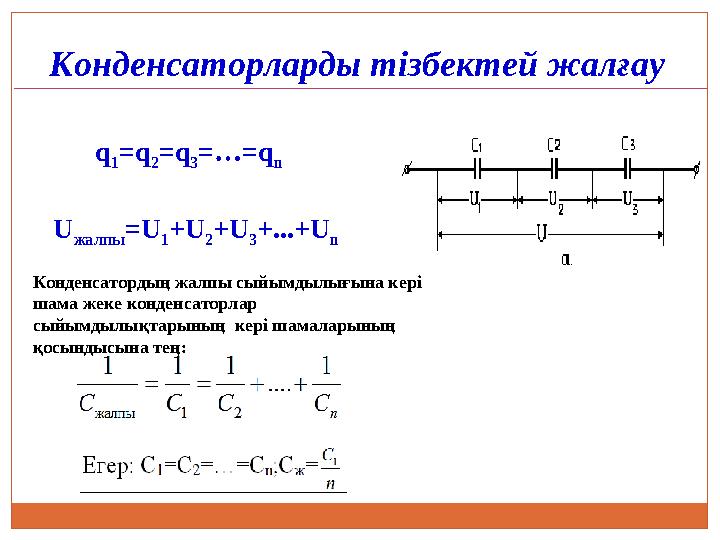 q 1 =q 2 =q 3 =…=q n U жалпы =U 1 + U 2 + U 3 +...+ U n Конденсатордың жалпы сыйымдылы ғ ына кері шама жеке конде