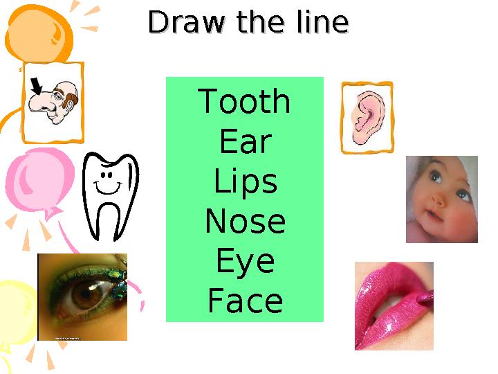 Draw the lineDraw the line Tooth Ear Lips Nose Eye Face Draw the lineDraw the line Tooth Ear Lips Nose Eye Face