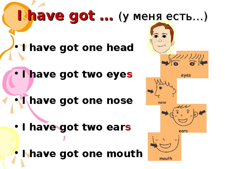 I have got …I have got … (( у меня есть…у меня есть… )) • I have got one head • I have got two eye s • I have got one nose • I have got …I have got … (( у меня есть…у меня есть… )) • I have got one head • I have got two eye s • I have got one nose •