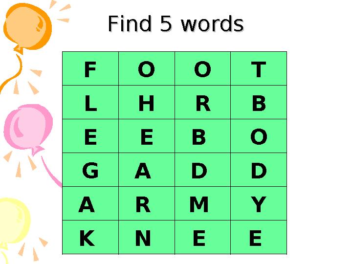 Find 5 wordsFind 5 words F O O T L H R B E E B O G A D D A R M Y K N E E Find 5 wordsFind 5 words F O O T L H R B E E B O G A D D A R M Y K N E E