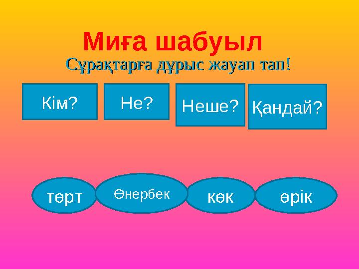 Сұрақтарға дұрыс жауап тап!Сұрақтарға дұрыс жауап тап! Кім? Не? Неше? Қандай? төрт көкӨнербек өрікМиға шабуыл