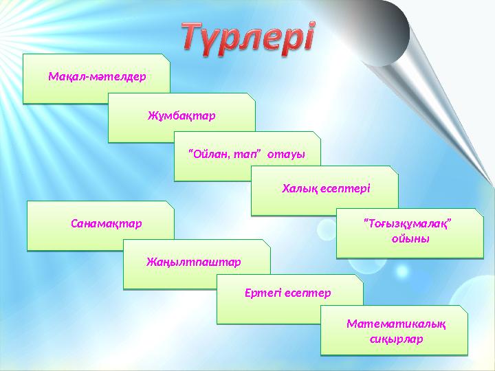 Математикалық сиқырларЖұмбақтар “ Ойлан, тап” отауы Халық есептері Ертегі есептерСанамақтар ЖаңылтпаштарМақал-мәтелдер “ Тоғыз
