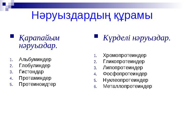 Нәруыздардың құрамы  Қарапайым нәруыздар. 1. Альбуминдер 2. Глобулиндер 3. Гистондар 4. Протаминдер 5. Протеиноидтер  Күрдел