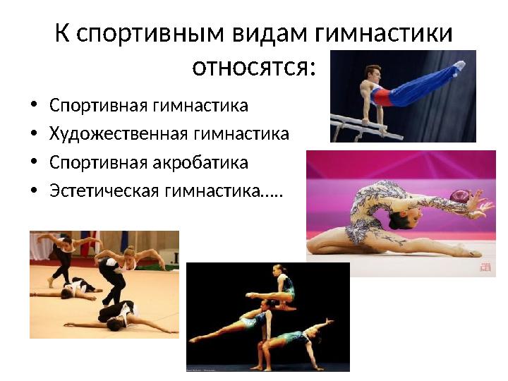 К спортивным видам гимнастики относятся: • Спортивная гимнастика • Художественная гимнастика • Спортивная акробатика • Эстетиче
