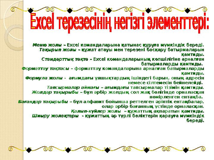 Меню жолыМеню жолы – Excel командаларына қатынас құруға мүмкіндік береді. – Excel командаларына қатынас құруға мүмкіндік береді