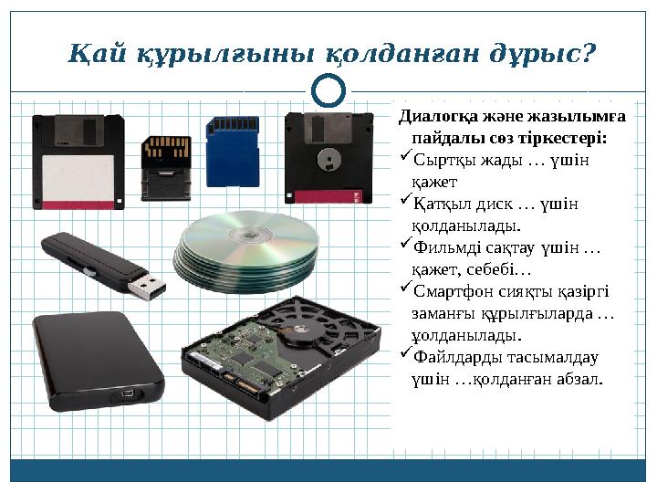 Қай құрылғыны қолданған дұрыс? Диалогқа және жазылымға пайдалы сөз тіркестері:  Сыртқы жады … үшін қажет  Қатқыл диск … үшін