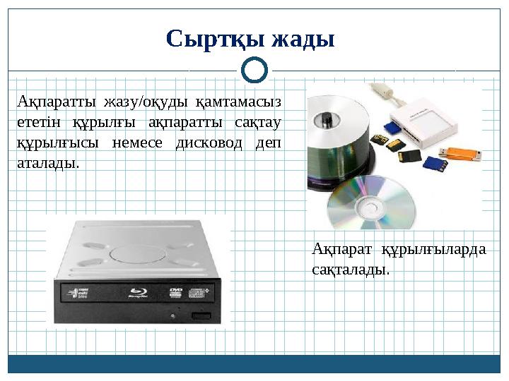 Сыртқы жады Ақпаратты жазу/оқуды қамтамасыз ететін құрылғы ақпаратты сақтау құрылғысы немесе дисковод деп аталады. А