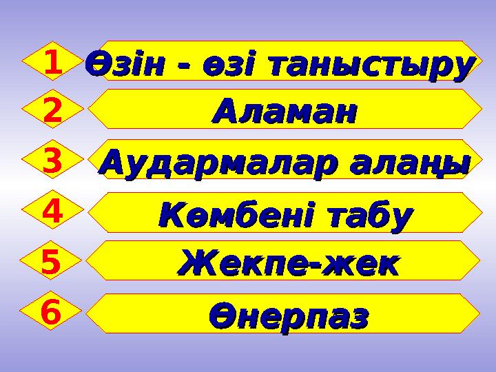 1 Өзін - өзі таныстыру Өзін - өзі таныстыру 2 АламанАламан 3 4 Аудармалар алаңы Аудармалар алаңы Көмбені табу Көмбені та