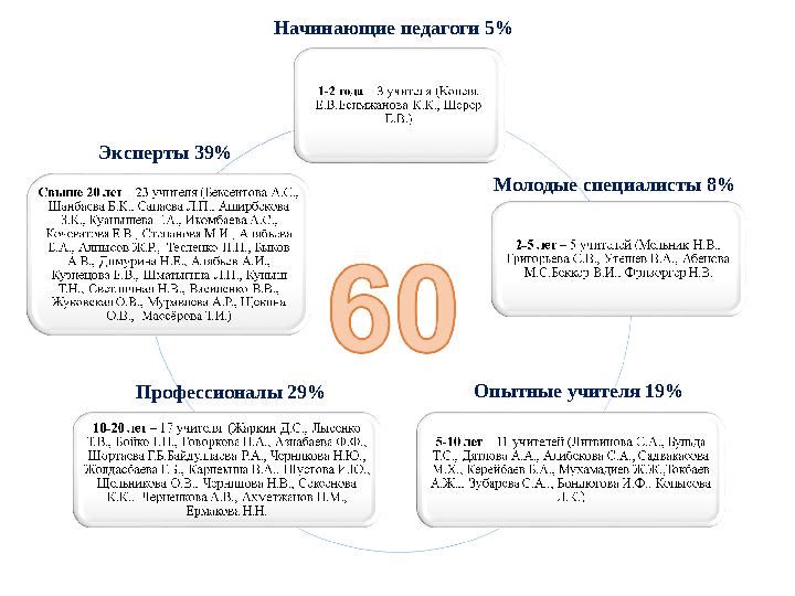 Начинающие педагоги 5% Молодые специалисты 8% Опытные учителя 19% Профессионалы 29%Эксперты 39%