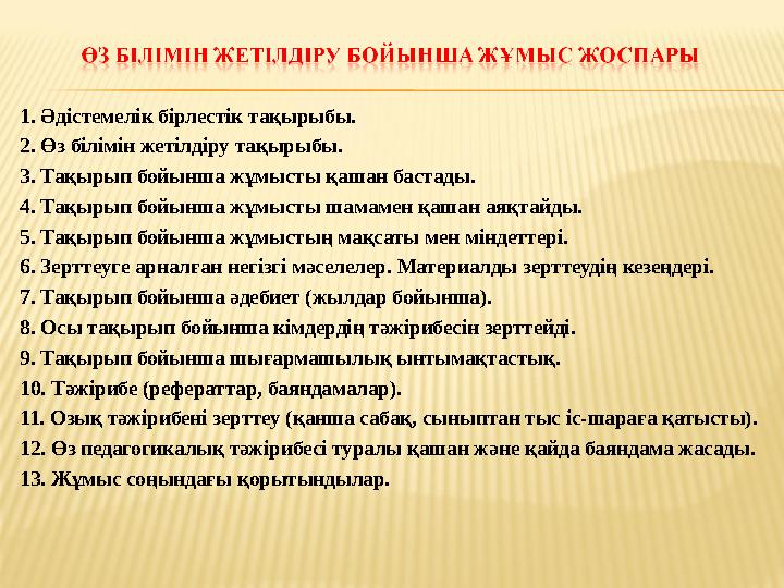 1. Әдістемелік бірлестік тақырыбы. 2. Өз білімін жетілдіру тақырыбы. 3. Тақырып бойынша жұмысты қашан бастады. 4. Тақырып бойынш