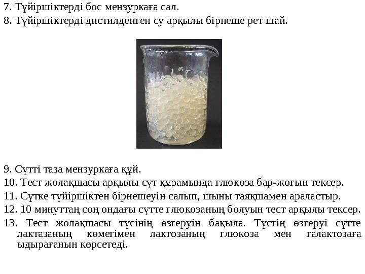 7. Түйіршіктерді бос мензуркаға сал. 8. Түйіршіктерді дистилденген су арқылы бірнеше рет шай. 9. Сүтті таза мензуркаға құй. 10.