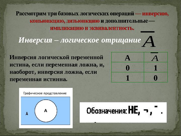 Инверсия – логическое отрицание Инверсия логической переменной истина, если переменная ложна, и, наоборот, инверсия ложна, есл