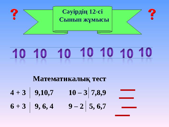 Математикалы қ тест 4 + 3 9,10,7 10 – 3 7,8,9 6 + 3 9, 6, 4 9 – 2 5, 6,7 Сәуірдің 12-сі Сыны