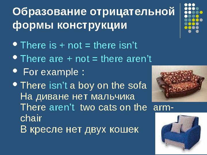 Образование отрицательной формы конструкции  There is + not = there isn’t  There are + not = there aren’t  For example