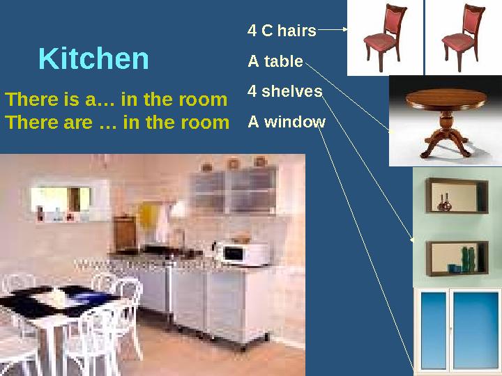 Kitchen There is a… in the room There are … in the room 4 C hairs A table 4 shelves A window
