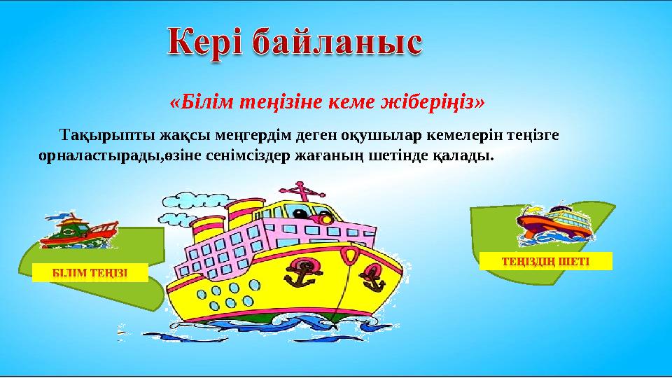 «Білім теңізіне кеме жіберіңіз» Тақырыпты жақсы меңгердім деген оқушылар кемелерін теңізге орналастырады,өзіне сенімсі